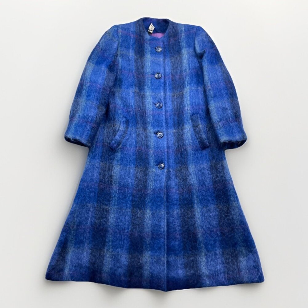 Vintage 1980's Paul Levy Long Coat Fuzzy Mohair Blue / Green Women USA Made Read